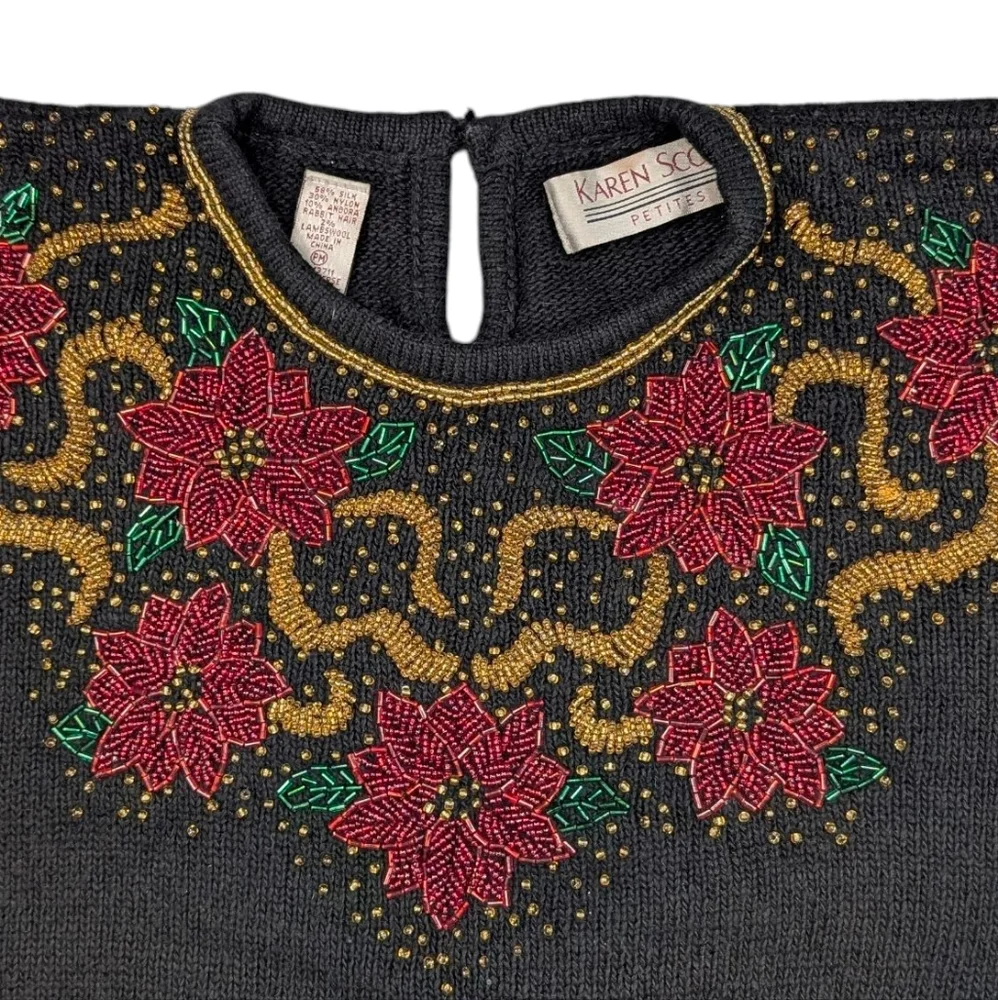 Vintage Karin Scott Petites beaded poinsettia Silk/Angora/Wool sweater. PMedium